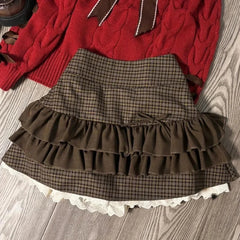 Ingvn Brown Women Plaid Skirts Vintage Lace Patchwork Cute Fashion High Waist Layered Skirt Kawaii Lolita Sweet Mini Skirts