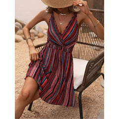 Ingvn Women Boho Striped V Neck Spaghetti Strap Wrap Casual Summer Beach Mini Dress