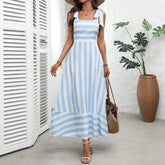 Ingvn Summer Spring Women's Clothing Striped Strap High Waist A Line Dress Polyester V Neck Sleeveless Slim Fit S