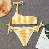 Ingvn Summer Sexy Bow One Shoulder Striped Bikini Lacing Up Bandage Low Waist Swimsuit Set Two Piece Swimwear Beachwear