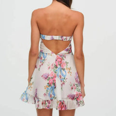 Ingvn Floral Print Strapless Mini Chiffon Dress Women Ruffles Hem Party Irregular Frilled Elastic Bandage Backless Holiday Dress
