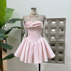 Ingvn Korean Elegant Sweet Celebrity Evening Party Dresses Sleeveless Strapless Fishbone Slim High Waist Pleated Pink Mini Dress Women