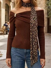 Ingvn - New Fashion Sexy Off Shoulder Jumper Knitted Pullovers Sweater with Scarf Autumn Winter Long Sleeve Women Sweaters Slim Chi Tops