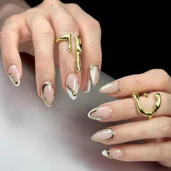 Ingvn 24Pcs Cat's Eye Design Fake Nail with Pearl Short Round Head Press on False Nails Silver French Bow Pattern Full Cover Nail Tips