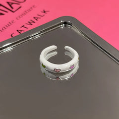 Korean Style Candy Color Enamel Pink Strawberry Heart Charm Rings Metal Chunky Open Adjusting Finger Ring for Women Jewelry