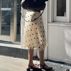 Ingvn Women Polka Dot Midi Skirt Casual Lettuce Trim Beige Skirt Elegant Streetwear Bottom for Spring All Match Skirts