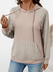 Ingvn - Women Early Autumn New Style Pocket Pullover Hooded Patchwork Thin Hoodie Casual Versatile Pullover Long Sleeve Top