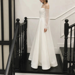 Ingvn - Korean Satin Bridal Gown Off‑Shoulder Sheer Long Sleeve A‑Line Floor Length Simple Wedding Dress For Women Bridal Party