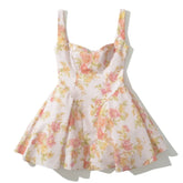 Ingvn Sweet Pink Flower Print V Collar Sling Dress Women Corset Style Low Waist Folds Hem Ball Gown Swing Short Dresses Mini Tank Robe