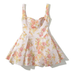 Ingvn Sweet Pink Flower Print V Collar Sling Dress Women Corset Style Low Waist Folds Hem Ball Gown Swing Short Dresses Mini Tank Robe