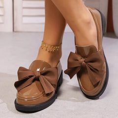 Ingvn Fashion Elegant Bowknot Slip on Loafers for Women Solid Color Patent Shoes Woman Comfort Soft Sole Platform Loafers