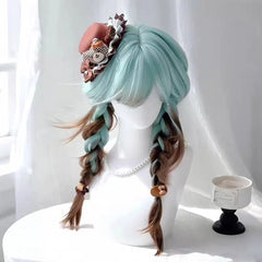 Ingvn - Long Straight Blue Ombre Brown Wig with Bangs Synthetic Natural Layered Lolita Wig Halloween Cosplay Costume Wig for Women