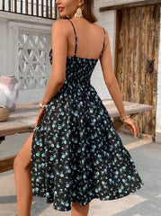 Ingvn Spring Summer Women's Clothing Elegant Floral Print High Strap Dress For Polyester Slim Fit Midi