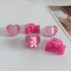 Pink Resin Geometric Ring for Women Girls Colorful Acrylic Bear Bowknot Heart Finger Ring Trendy Aesthetic Jewelry Accessories