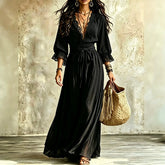 Ingvn Autumn Boho Chic Vacation Maxi Dress Lace V Neck 3/4 Ruffle Sleeve Elastic Waist Self Belt Flowy Long Dress Women Resort Dress