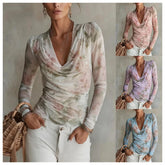 Women's V-neck Pleated Splicing Top Style Spring Autumn New Flower Printing Floral Long-sleeve Fashionable Casual Wear