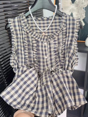 Ingvn Sweet Style Plaid Sleeveless Shirt Women Summer Wood Ear Design Slimming Anti-Aging Trendy Top Korean Loose Fit round Neck