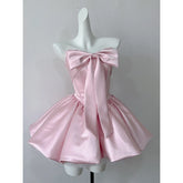 Ingvn Summer French Elegant Sweet Princess Birthday Party Pink Dress Bow Strapless High Waist Lace-up Puffy Short Dress for Women