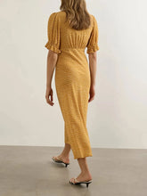 Ingvn Casual Yellow V Neck Lace Trim Dot Print Dresses for Women Short Sleeve Slimming Ruffle for French Vacation Style