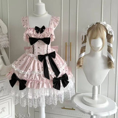 Ingvn Japanese Harajuku Sweet Strap Lolita Dress Women Y2K Vintage Lace Bow Ruffle Cake dress Slim Bandage Summer Daily Stylish