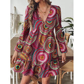 Ingvn Women's Bohemian Geometric Print V-Neck Long Sleeve Ruffle Hem Mini Dress