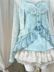 Ingvn Japanese Lolita Sweet 3 Piece Set Women 2000s Retro Mini Skirt Vintage Lace Sleeveless Vest Casual Short Cardigan Fashion Suit