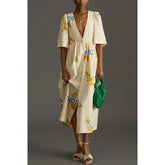 Ingvn Spring/Summer Women's New Printed Button Split Bubble Sleeve V-Tie Dress Loose Vacation Dress