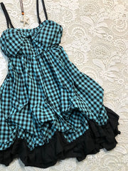 Ingvn Summer New Vintage Sweet And Spicy Style Plaid Puff Sleeve Short Dress Women's Polyester Fiber Casual Everyday Dress