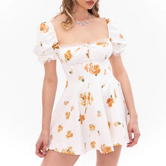 Ingvn Hit Color Printing Slimming Mini Dresses for Women Square Neck Short Leeve High Waist Temperament Dress Female