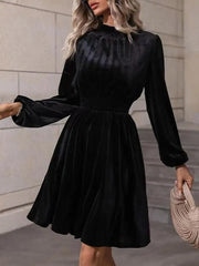 Ingvn - New Stand Collar Dresses for Women Elegant Slim Long Sleeve Women Dress Velvet A-LINE Dress Women Vestidos De Verano Mujer