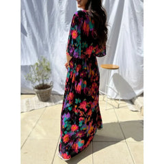 Ingvn Latest Popular Style Women's Fashionable Temperament V-neck Belt Printed Dress Women's Fashionable Multi-color Long Dress