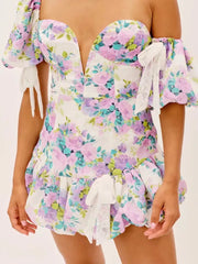 Ingvn Sexy Short Lantern sleeve One Shoulder Party Dresses Retro Women Spliced Bow Bandage Floral Print Mini Dress