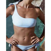 Ingvn Summer Sexy Bow One Shoulder Striped Bikini Lacing Up Bandage Low Waist Swimsuit Set Two Piece Swimwear Beachwear