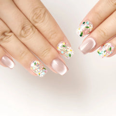 10PCS Short Square Press On Nails Cat Eyes Pink Fake Nails With Multi-Color Floral Designs Summer Collection For Women and Girls