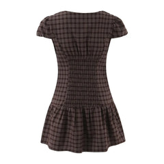 Ingvn Retro Checked Plaid Spliced Lace Peter Pan collar Short Puff Sleeve Mini Dress Women Open Buttons Low Waist A-line Dresses Robe