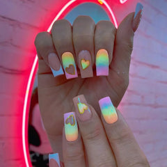 24pcs Square False Nails Love Heart Gradient Rainbow French Manicure Full Cover Fake Nails Detachable Nail Tips Press on Nails