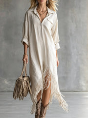Ingvn - Elegant Loose Tassel Trim Dress Irregular Hemline Vintage Style Women's Fashion Autumn Casual Vacation Dress