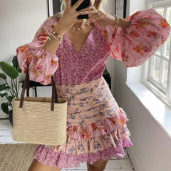 Ingvn Holiday Contrast Color Floral Print Lantern Sleeve Mini Dress Bow Sashes Ruched Pleated Waist Ruffles Hem Women Dresses Robe
