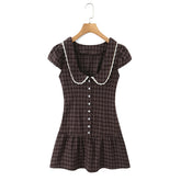 Ingvn Retro Checked Plaid Spliced Lace Peter Pan collar Short Puff Sleeve Mini Dress Women Open Buttons Low Waist A-line Dresses Robe