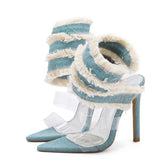 Ingvn New Design Denim Ankle Snake Surround Strap Sandal Women Transparent PVC Summer High Heels Party Stripper Shoes Pumps