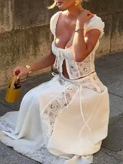 Ingvn Beach Holiday Skirt Suit for Women Folds Tube Top High Waist Spliced Lace Long Skirt White Two Piece Set Female New