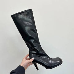 Ingvn - Ins Style Fashion Square Toe Stretch Leather Platform Women Knee-High Boots Autumn Winter High Heels Punk Motorcycle Boots Shoes