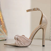 Ingvn New Design Knot Pleated Silk Women Sexy 11.5CM Stiletto Sandals Elegant Pointed Open Toe Pink High Heels Wedding Prom Shoe