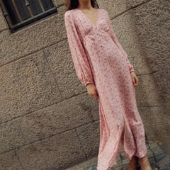 Ingvn Elegant Printed A Line Dresses for Women V Neck Puff Sleeve High Waist Patchwork Single Breasted Slit Dress Female