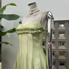 Ingvn French Casual Vacation Green Fairy Long Dress Ruffles Patchwork Sleeveless High Waist Slim A-line Evening Party Dress for Women