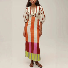 Ingvn Women Fashion Linen Material Fashion Chic Print Long Party Dresses Sexy V-neck Hollow Out High Waist Party Dress Lady Robes