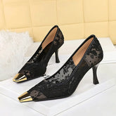 Ingvn Fashion Metal Square toe Lace Air Mesh Women Pumps Elegant Thin High heels Office Lady Shoes Spring Autumn Party Dress Shoes