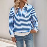 Ingvn - Women Striped Pullover Hoodie Loose Long Sleeve Autumn Winter Casual Zipper Polo Collar Sweatshirt