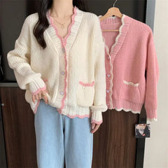 Ingvn - Autumn and Winter Fashion New Korean Heart-shaped Button Knit Cardigan Design Sense Color Blocked V-neck Loose Sweater