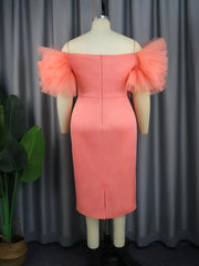 Ingvn Pink Party Dresses Cold Shoulder Tulle Applique Bodycon High Waist Midi Outfits for Women Evening Wedding Event Gowns